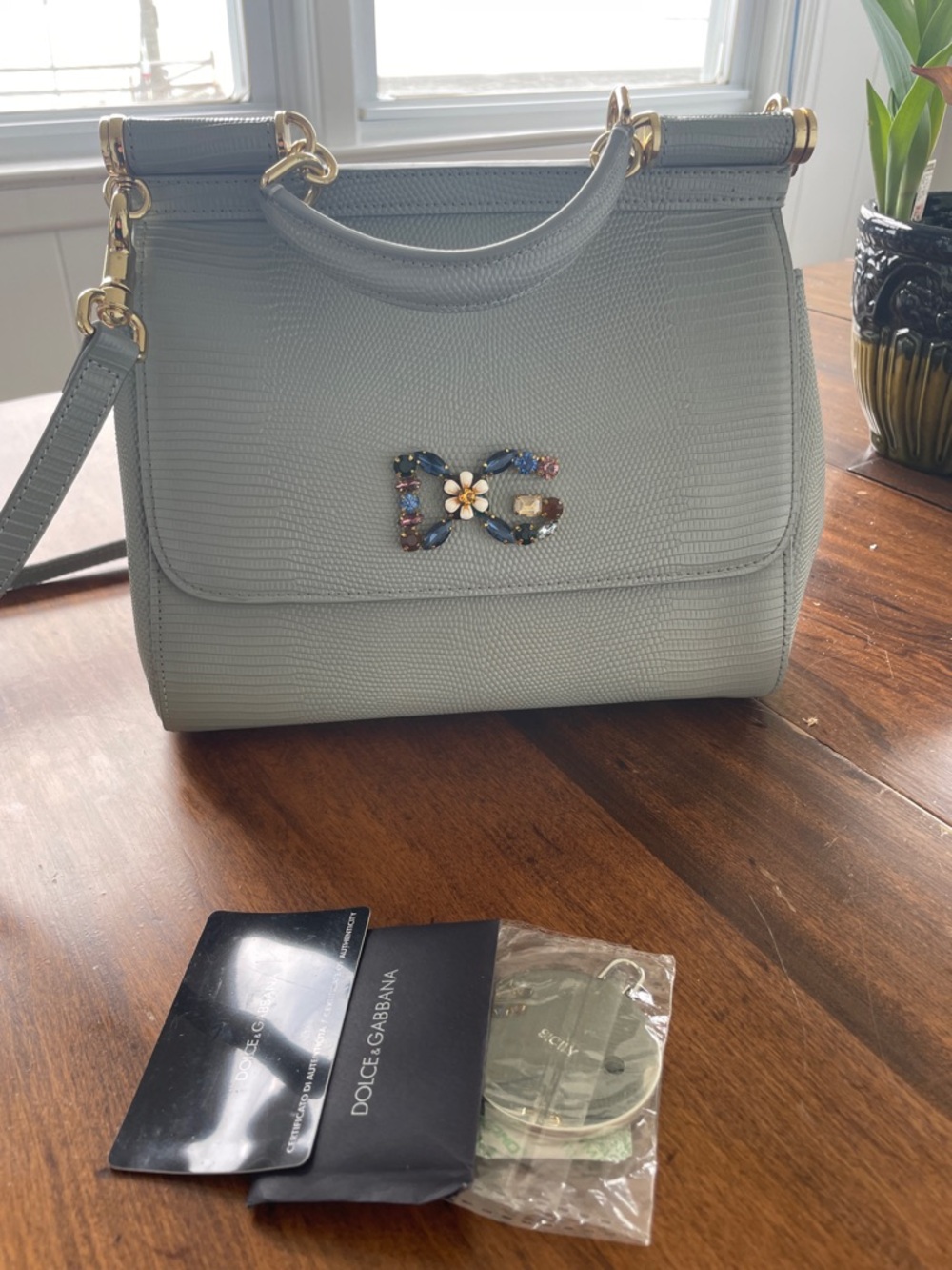 Dolce & Gabbana Pale Gray Embellished DG Top-Handle Satchel